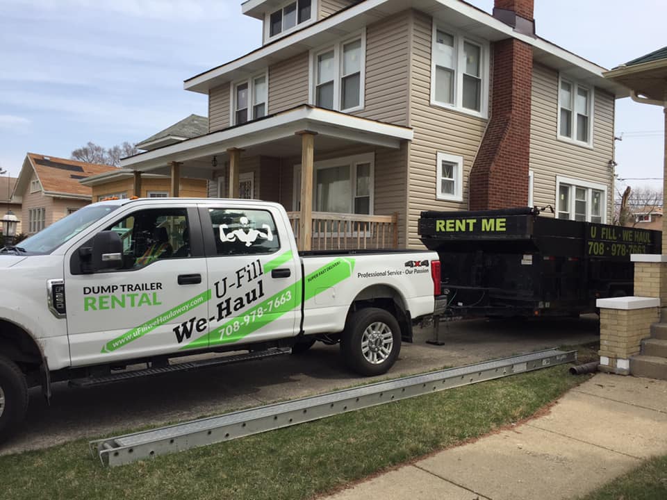 U-Fill We-Haul pickup truck and Roll off dumpster rentals at home in the Chicagoland area.